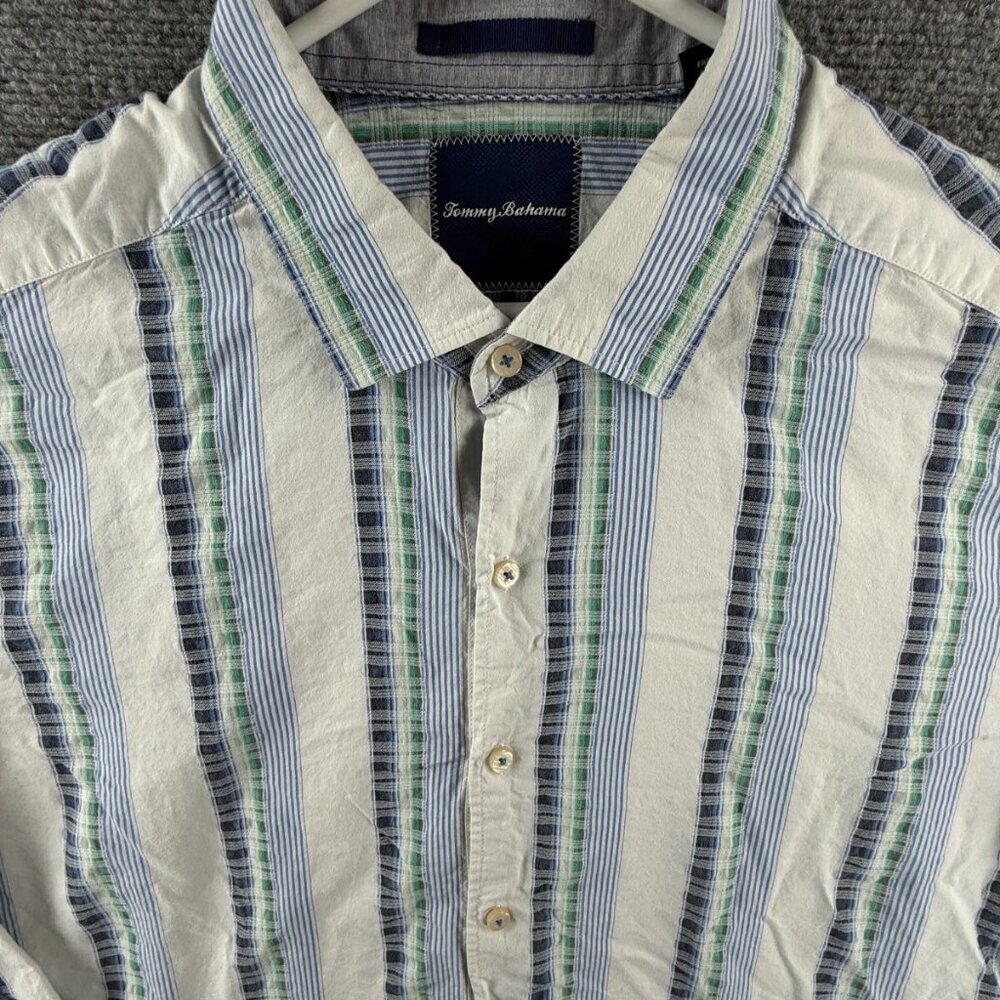 Tommy Bahama Button Up Long Sleeve Striped Green Blue XL Cotton Silk Woven Beach